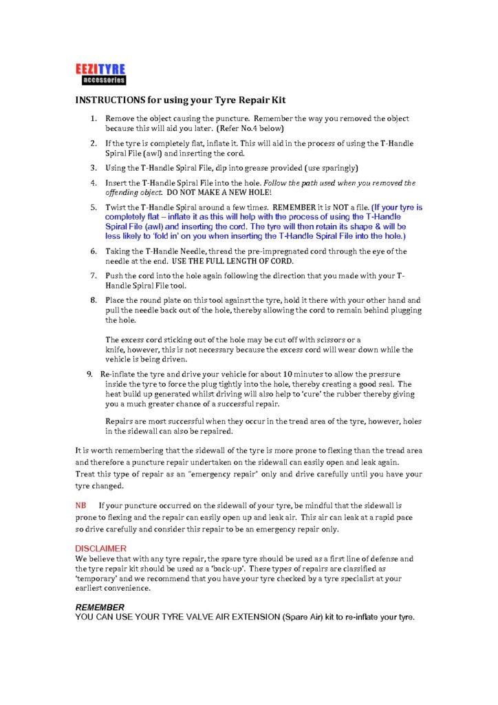 Eezityre Tyre Repair Kit Instructions XDrive